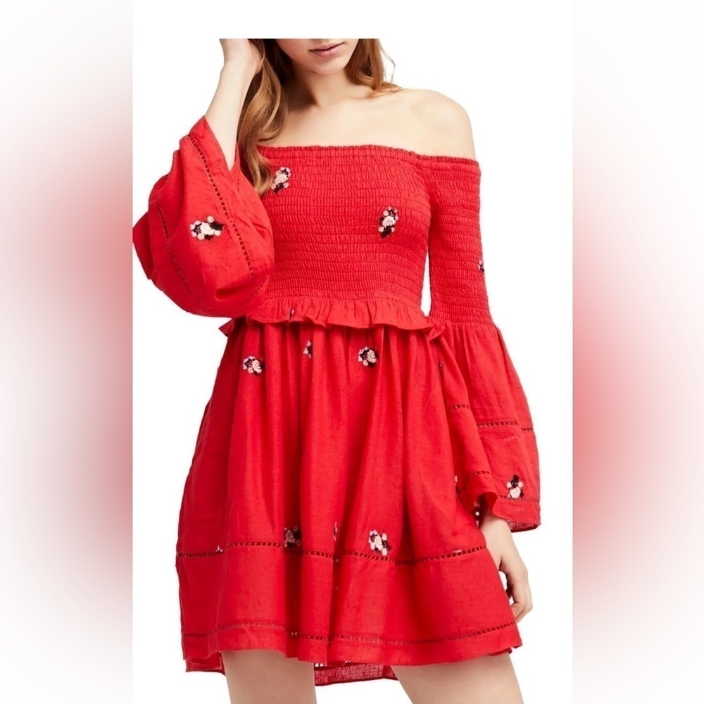 Free People Red Counting Daisies Off-Shoulder Dress